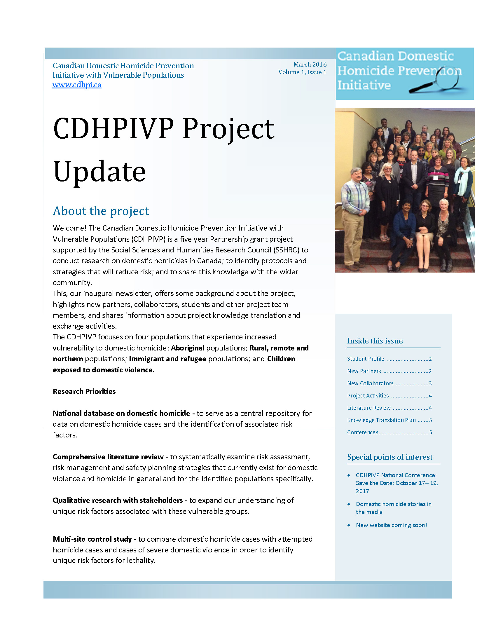 CDHPIVP Project Update: Volume 1, Newsletter 1 cover page