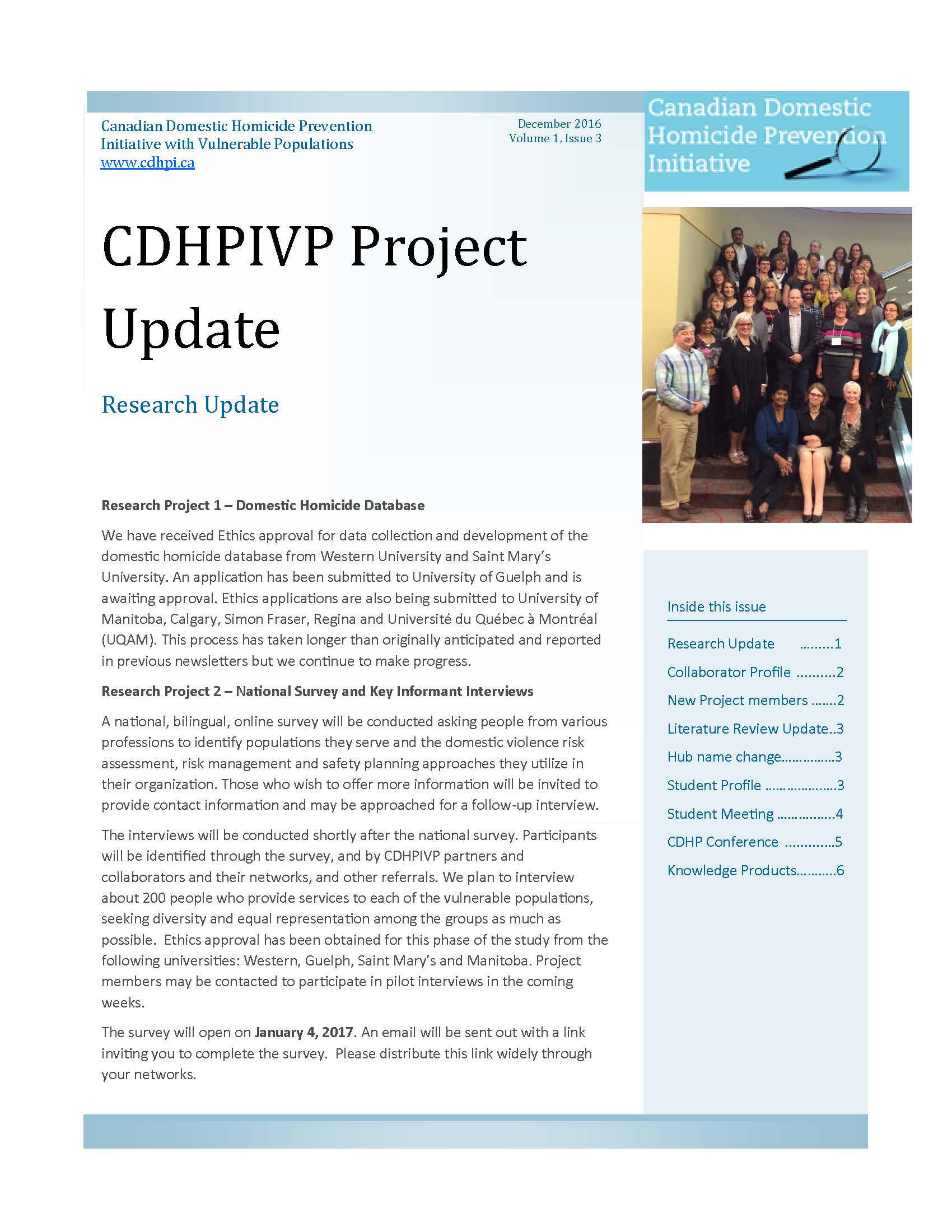 CDHPIVP Project Update: Volume 1, Newsletter 3 cover page