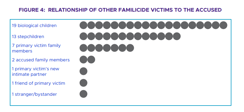 figure 4: relationship of other familicide victims to the accused, 19 biological children, 13 stepchildren, 7 primary victim family members, 2 accused family members, 1 primary victim's new intimate partner, 1 friend of primary victim, 1 stranger/bystander